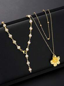 2pcs/Set Kalung Panjang Berbentuk Y Mewah dengan Hiasan Mutiara Imitasi, Perhiasan Dekorasi Bunga 3D Emas Elegan untuk Wanita, Cocok untuk Pemakaian Sehari-hari, Pesta, Festival, Panjang Rantai Dapat Diatur - Keemasan - View 4
