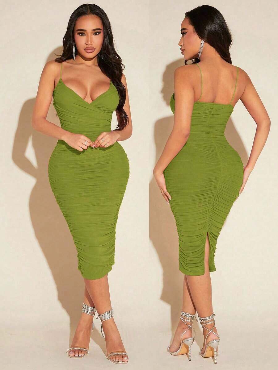 xheRadiana Vestido de punto de corte en V profundo con tirantes finos y ajustado hasta la rodilla para mujerxhe - Verde - Ver 1