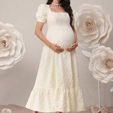 Vestido elegante de maternidad con cuello cuadrado, mangas abullonadas y estampado floral jacquard - Albaricoque - Ver 6