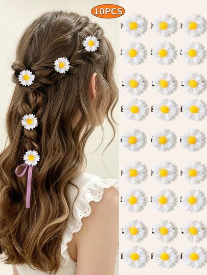 10pcs Fresh Daisy Hair Clips, Sweet Bangs Clips, Cute Girl Hair Accessories (Color May Vary Slightly Due To Handmade Dyeing Process)