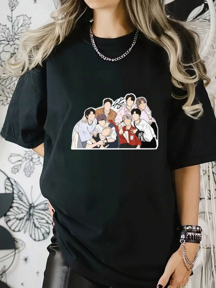 Group Portrait Design In Cartoon Style. Digital Print. Short Sleeves. Unisex. Pure Cotton. Loose And Comfortable. - Black - View 1