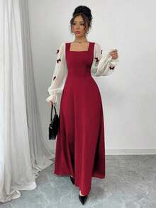 Vestido de mujer con parches tejidos, decoración de lazo y cintura ceñida - Rojo - Ver 5