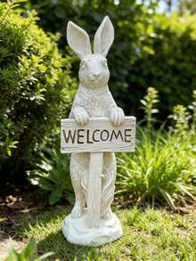 Large Easter Resin Rabbit Sculpture Decoration Rabbit, Rabbit Welcome Sign, Rabbit And Stone-Based Couple Rabbit Figurines, Suitable For Home Garden Decoration, Very Suitable For Courtyards, Yards, Spring Festival, Easter Party, Tabletop Center Decoration - A - View 4
