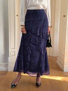Vestido de verano para mujer Vellofy, hecho de tela ligera, transpirable y cómoda, con diseño de volantes en el bajo y decoración con estampado de lunares - Azul marino - Ver 4