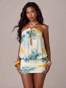 Vestido casual de vacaciones para mujer con cuello halter, espalda descubierta, decoración metálica, malla, estampado de rayas marrones, elegante y sexy, adecuado para playa, vacaciones con hermanas, vestido de vacaciones con estampado de rayas, vestido de verano, vestido de rayas, vestido casual de vacaciones, vestido mini a rayas, Y2K - Amarillo 2 - Ver 4