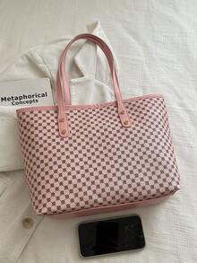 1个粉色金属铆钉装饰大容量印花PU手提包，女士夏季单肩包 - 粉色 - 查看 3