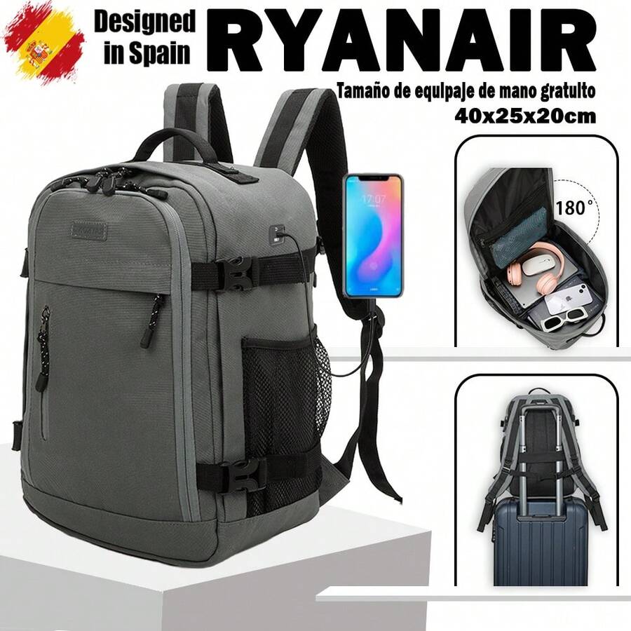 Ryanair Cabin Backpack 40x20x25cm (20L) | Waterproof Travel Backpack | Durable Carry-On | Hiking Backpack | School | Work - Green/Pink/Black/Navy/Grey/Beige - 灰色 - 查看 1