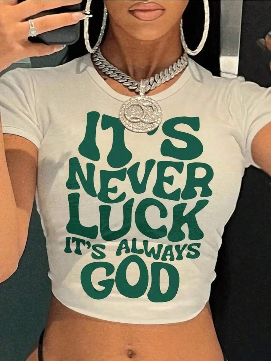 Camiseta de manga corta para mujer con estampado gráfico "Nunca es suerte, siempre es Dios" - Camiseta informal de algodón con cuello redondo - TX-C030 - Ver 1