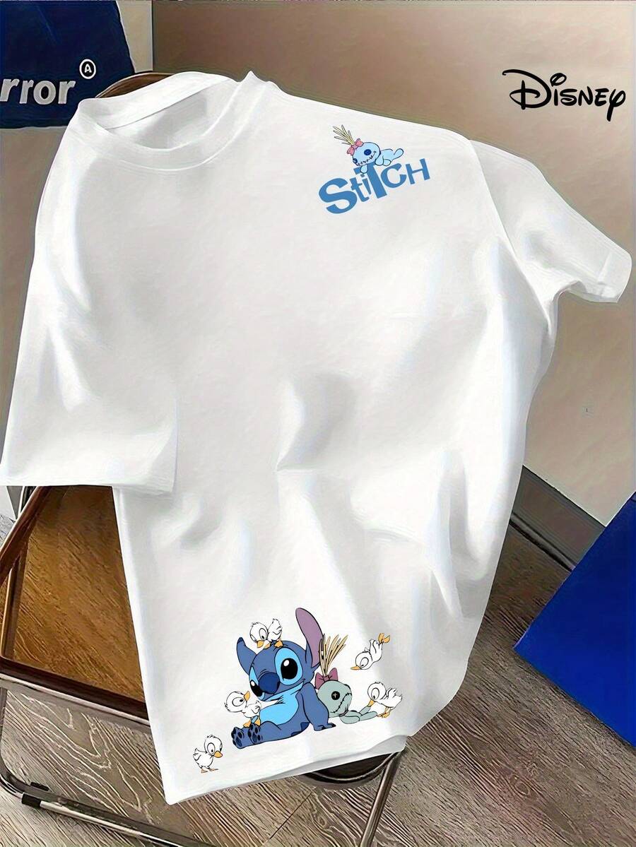 Disney Officially Licensed Casual Men's Summer Short-Sleeved T-Shirt – With A Fun Stitch And Duck Print, Breathable And A Perfect Fit For Outdoor Sports And Leisure At Home, Machine Washable Crew Neck Shirt, Comfortable Fabric. - 白色 - 查看 1