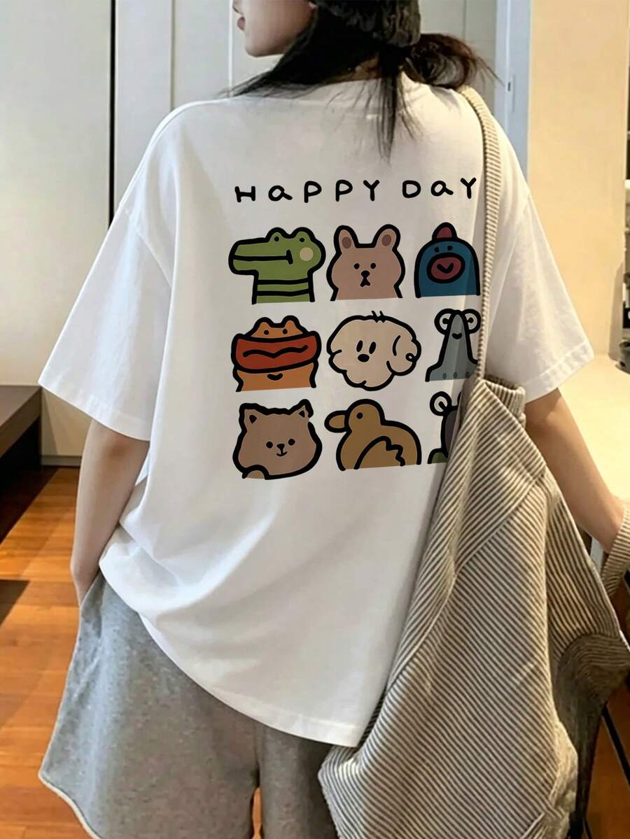女款寬鬆圓領短袖字母與卡通印花T恤,春/夏休閒白色 - 白色 - 查看 1