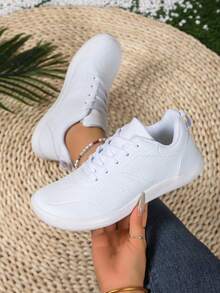 Women's Wide Fit Athletic Shoes, Solid Color Fashion Versatile Lace-Up Breathable Casual Sneakers - White - View 2