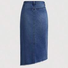 Nana's Women's Clothing Store  MOD Minifalda vaquera casual y sexy de mujer con abertura frontal y bajo asimétrico, azul - Azul lavado oscuro - Ver 3