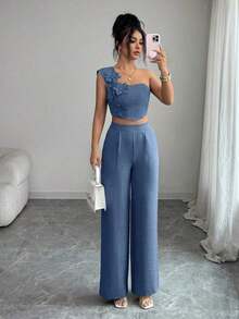 Elegante conjunto de 2 piezas de top sin mangas y pantalones con decoración floral 3D para vacaciones casuales para mujeres - Azul - Ver 9