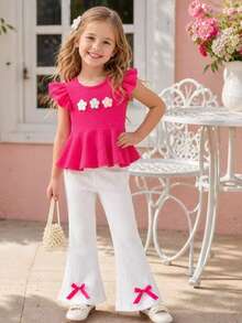 Ensemble 2 pièces/set pour jeune fille, top pull à manches courtes avec col rond, motif ondulé bicolore rouge & blanc, fleur 3D, et pantalon long évasé à taille élastique avec nœud 3D, style décontracté mode, pour le quotidien, les sorties du week-end, l'école, ensemble pantalon long d'été pour filles - Rouge et Blanc - Voir 1