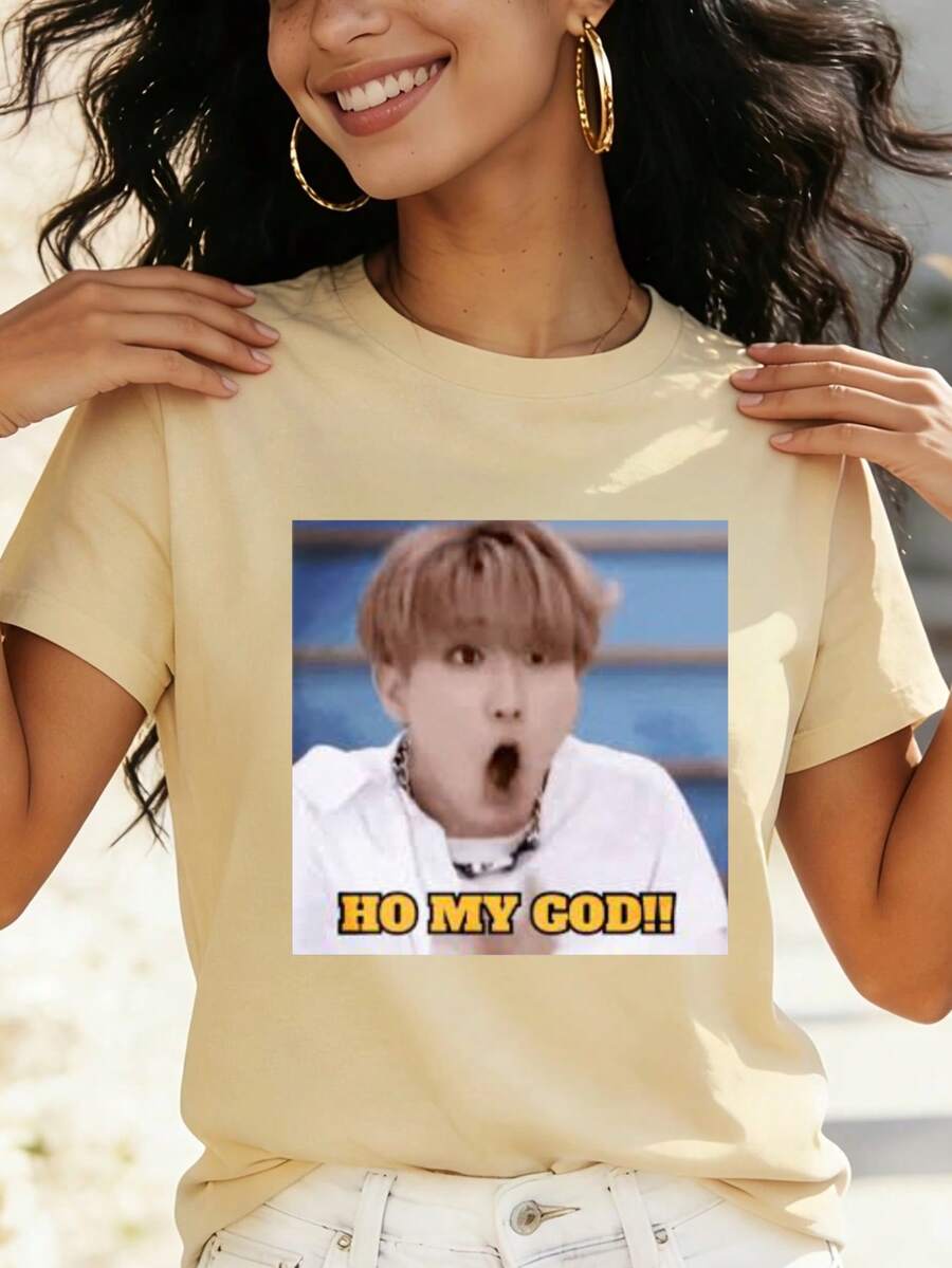 Oh My God Face Digital Print Short Sleeve Unisex Pure Cotton Loose And Comfortable - 杏色 - 查看 1