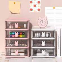 1pc/Transparent Cartoon Desktop Small Drawer Plastic Mini Storage Box Rabbit Shaped Stationery Organizer Multi-Layer Optional Suitable For Various Small Items School Supplies - A - View 1