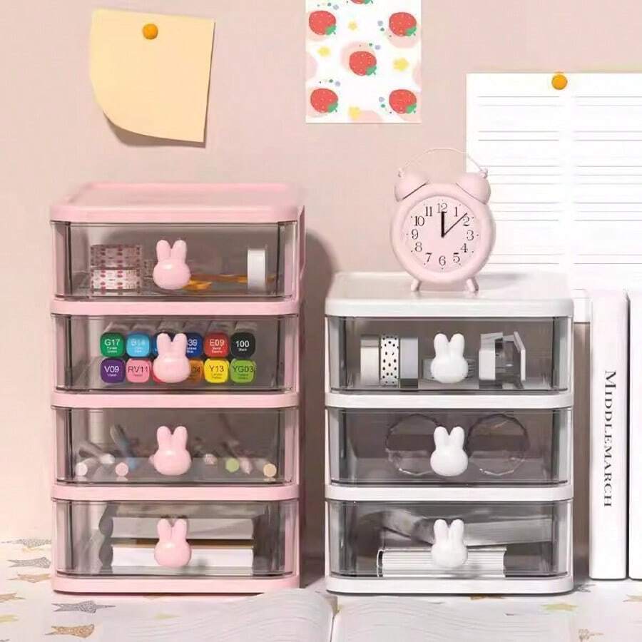 1pc/Transparent Cartoon Desktop Small Drawer Plastic Mini Storage Box Rabbit Shaped Stationery Organizer Multi-Layer Optional Suitable For Various Small Items School Supplies - A - View 1