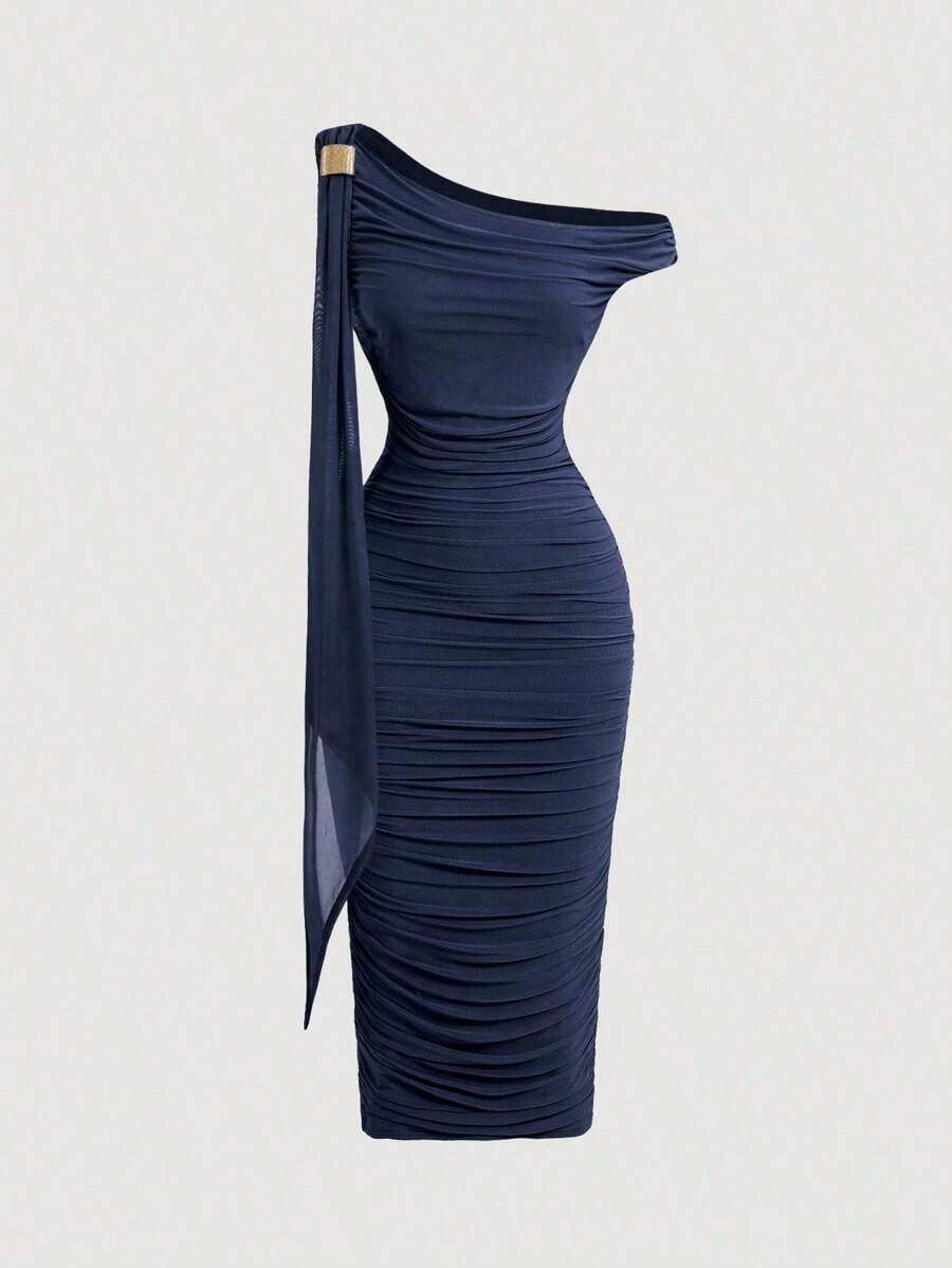 MOD Vestido elegante de largo medio con cuello asimétrico, volantes y parches en color liso con efecto tie-dye para mujeres - Azul marino - Ver 1