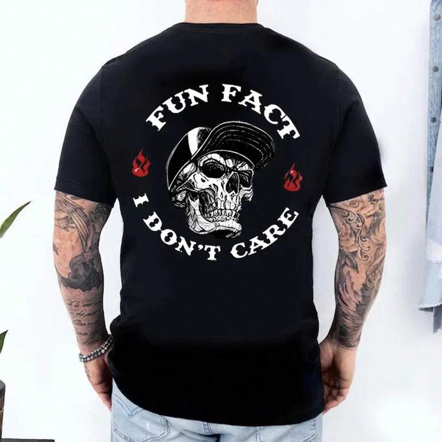 FUN FACT I DON'T CARE T-shirt da uomo con stampa teschio, maglietta casual in cotone alla moda, top classico streetwear