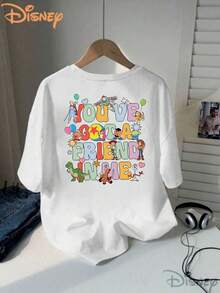 Toy Story Element Women's T-Shirt With Round Neck, Double Print Front And Back, With Painted, Versatile Classic Group Motif, Soft And Skin-Friendly, New Top For Spring And Summer, Recommended For Disney Fans, Slightly Elastic. - 白色 - 查看 2