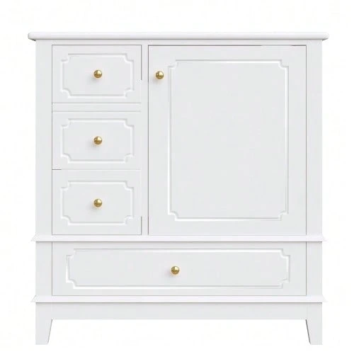 76.5 Cm Bathroom Vanity Unit With Ceramic Basin And Gold Handles – Antibacterial, With Overflow And Ample Storage – White - White - View 1