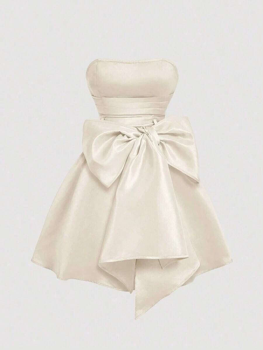 MOD Vestido corto para mujer con lazo rojo en el lateral, vestido de graduación blanco - Beis - Ver 1