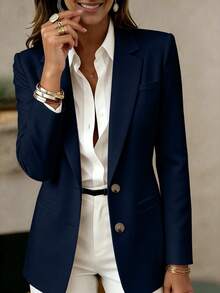 Jaket Wanita Lengan Panjang dengan Kerah dan Kancing, Blazer Ringan Bahan Rajut Panjang Standar, Menciptakan Gaya Akademik yang Elegan dan Modis - Navy Blue - View 2