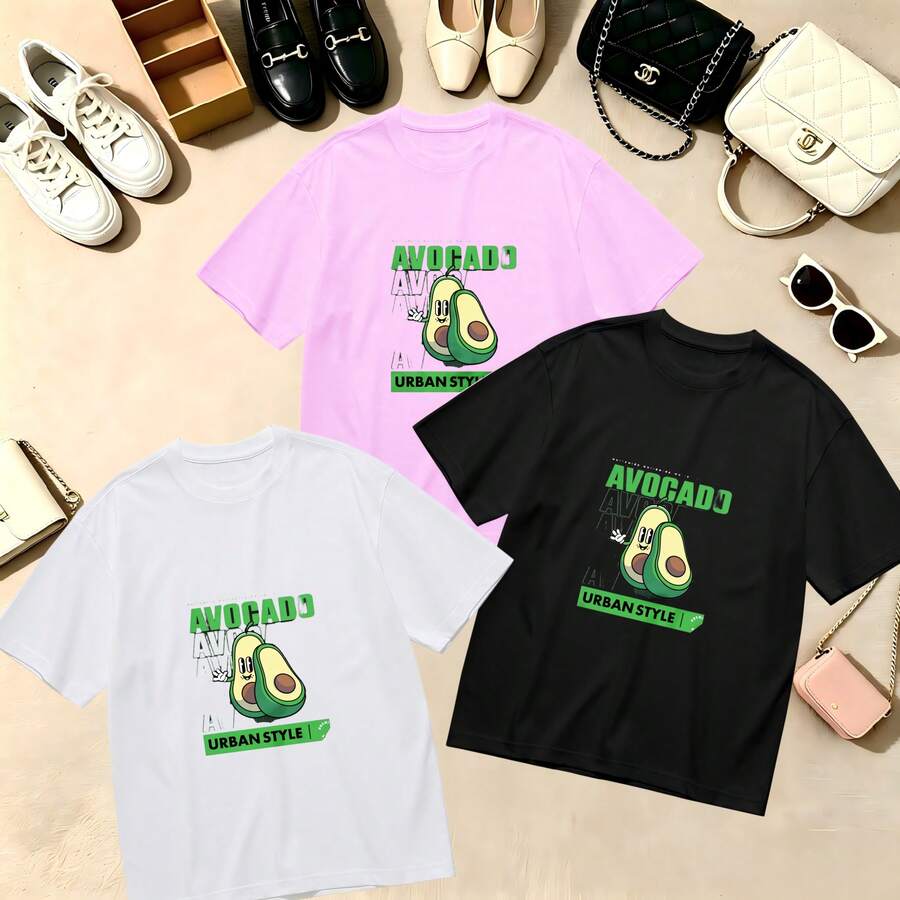 Choose One Of The Three Sets Women's T-Shirt Avocado Urban Style 100% Cotton Oversized Soft Breathable Casual Crewneck Short Sleeve Top Retro Streetwear Summer Vibes Kawaii Aesthetic - 粉色 - 查看 1