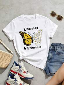 Women's Summer Casual Soft Round Neck Short Sleeve T-Shirt,Kindness Butterfly Daisy Print Graphic Suitable For Spring And Summer.White - White - View 5