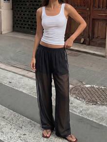 2026 New HoloChill Women's Casual Solid Color Semi-Sheer Straight Leg Pants, Summer Beach Black Semi-Sheer Woven Fabric Flowy Trousers, Versatile Casual Pants For Women, Suitable For Summer Beach, Party, Holiday, Elegant Casual Outfit - Black - View 2