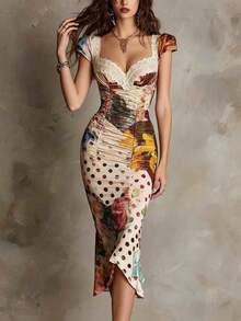 Women's Summer Vintage Floral Print Ruched Waist Stretchy Bodycon Midi Dress Elegant Slim Fit Party Evening Gown For Formal Event Date Night - Hoa - Xem 4