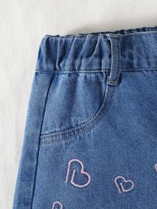 1 chiếc quần short denim màu xanh nhạt thời trang, giản dị, tối giản dành cho bé gái, kiểu dáng mới, thêu hình trái tim 3D dễ thương. - Rửa trung bình - Xem 6