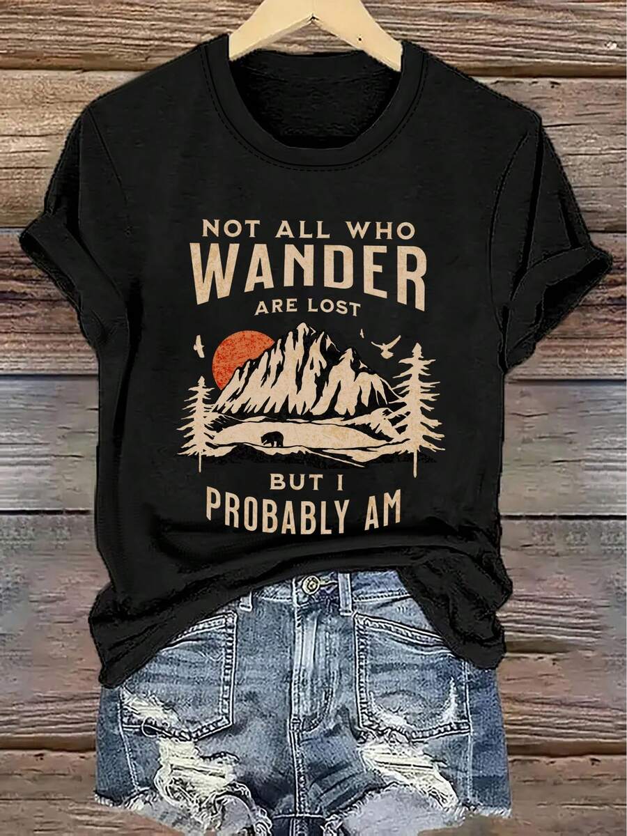 Camiseta gráfica de naturaleza y montaña para mujer - Poliéster transpirable, casual, cuello redondo, manga corta, con diseño "No todos los que se maravillan están perdidos", lavable a máquina - Ajuste elegante de verano, estampado - Negro - Ver 1