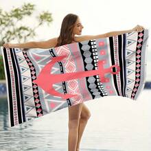 Red And White Striped Three-Color Anchor Printed Beach Bath Towels, Retro Navy Style Bath Towels, Nautical Color Block Anchor Pattern Bath Towels, Quick-Drying, Absorbent And Sand-Proof, Large Size, Light And Portable - D - View 5