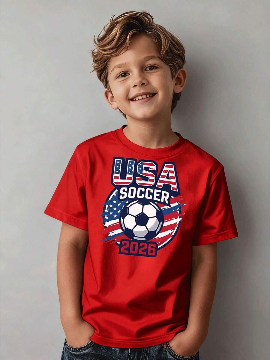 Kids' T-Shirt With 2026 American Football Design, Stars And Stripes, Casual Sportswear, Suitable For Children Ages 5-13 - 紅色 - 查看 1