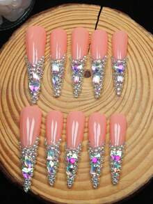 CrystalHola 10件甜酷風手工美甲套組，Polygel美甲套組，彩色水鑽、彩色愛心飾品，粉色指甲油，3種尺寸可選，適合團聚、日常、派對、拍照、玩樂、春夏通勤，手工穿戴甲美甲用品 - 彩色 - 查看 12