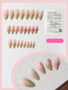 24pcs Spring Sakura Ombre Oval Nail Stickers, Soft & Transparent, Includes Jelly Gel + Buffing, Suitable For Soft Girl/Commuter, Daily/Date/Picnic Versatile No-Bake Nail Wraps - Multicolor - View 3