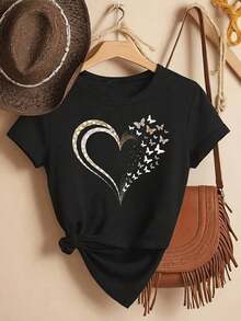 Summer Blouse In Pure Cotton, Round Neck, Short Sleeves With Heart Design, High-Quality And Fashionable Knit Fabric, Comfortable Casual Top For Daily Wear, Women's Shirts - 2 - 查看 3