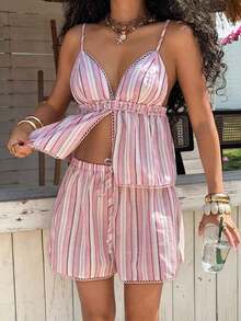 Conjunto informal de 2 piezas de mujer en azul marino con lunares, incluye camiseta de tirantes y pantalones con estampado de lunares, adecuado para primavera, verano, vacaciones, hogar, festivales de música, vuelta al colegio, atuendos casuales - Rosa 2 - Ver 5