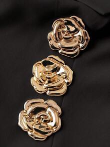 Vestido de línea A sin mangas con cuello en V, con decoración de botón metálico rosa dorado, cintura ceñida - Negro - Ver 6