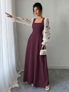 Vestido de mujer con parches tejidos, decoración de lazo y cintura ceñida - Burdeos - Ver 4
