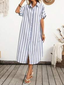 Vestido camisa casual de mujer de manga murciélago con rayas y abotonadura sencilla - Azul - Ver 5