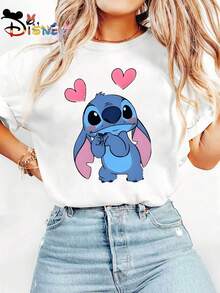 Disney Stitch Shy Sweetheart Style: Stitch Shy Pout + Pink Heart Design Short-Sleeve T-Shirt, Ribbed Collar With Piping, Double Shoulder Seams, Wash-Resistant And Shape-Retaining, Women's Sports Short-Sleeve T-Shirt Suitable For Spring. - 白色 - 查看 1