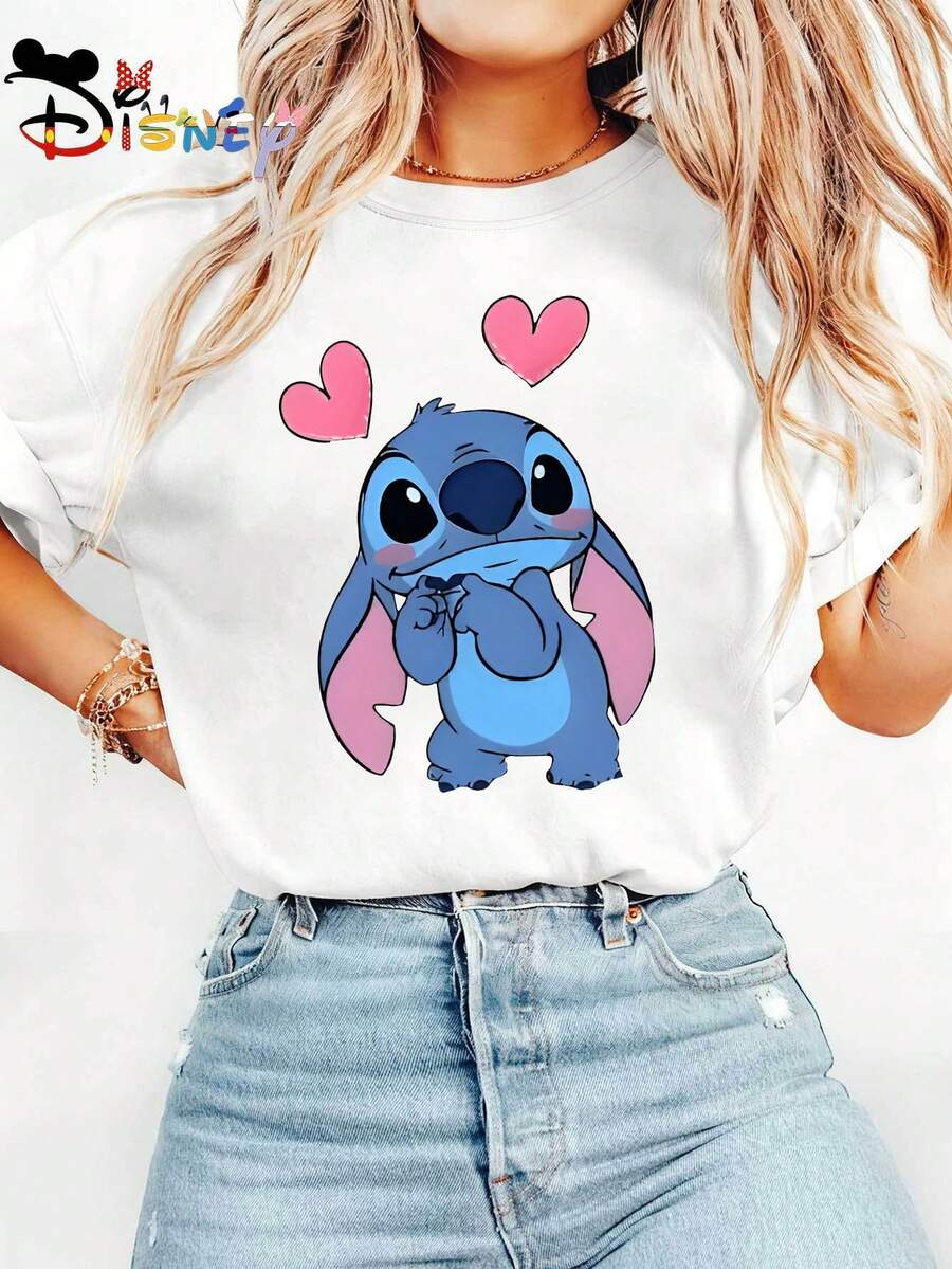 Disney Stitch Shy Sweetheart Style: Stitch Shy Pout + Pink Heart Design Short-Sleeve T-Shirt, Ribbed Collar With Piping, Double Shoulder Seams, Wash-Resistant And Shape-Retaining, Women's Sports Short-Sleeve T-Shirt Suitable For Spring. - 白色 - 查看 1
