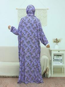 Women's Oversized Bohemian Style Long Prayer Robe, Purple Floral Print, Decorated With Lace Trim - Lilac Purple - View 4