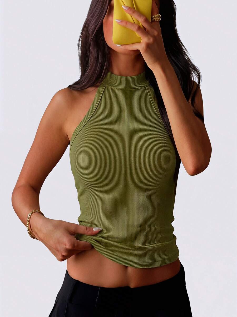 New Women's Halter Backless Fitted All-Match Versatile Cropped Top Casual Summer - Olive Green - View 1