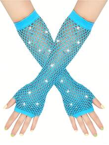 1 Pair D EXCEED Long Fingerless Rhinestone Fishnet Gloves, Shiny Sequin Neon Fingerless Fishnet Gloves, Suitable For Emo Goth Punk 80s Party Costume Accessories,Halloween - Multicolor - View 17