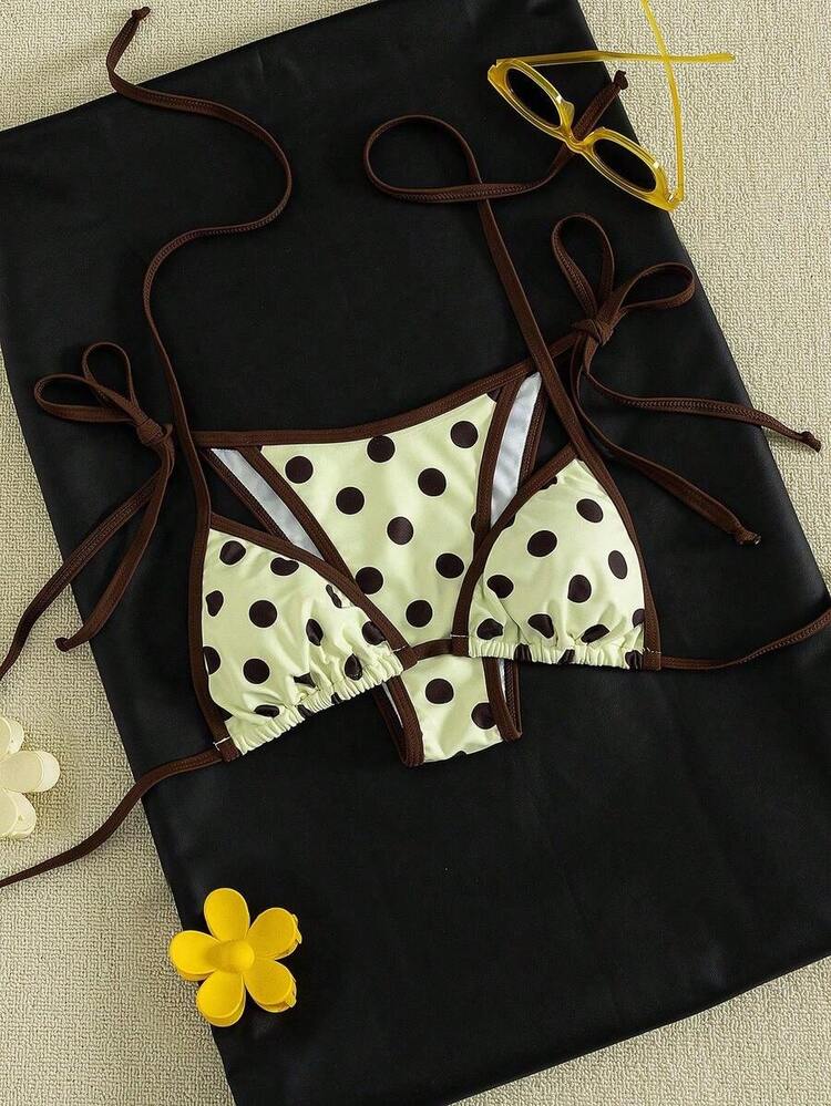 Conjunto de bikini de unicolor con contraste nuevo para mujer en verano, traje de baño con escote halter y espalda descubierta, tela de alta elasticidad, para fiesta/festival de música, atue - Amarillo - Añade 2