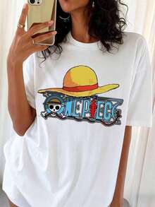 Oversized White Graphic Anime T-Shirt With The Straw Hats Logo From ONE PIECE - White - View 6