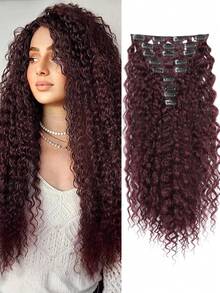 Extensiones de clip de cabello rizado de fibra sintética marrón, 9 piezas de doble capa, juego de paquetes de cabello rizado de fibra sintética resistente al calor para cabeza completa - Multicolor - Ver 17